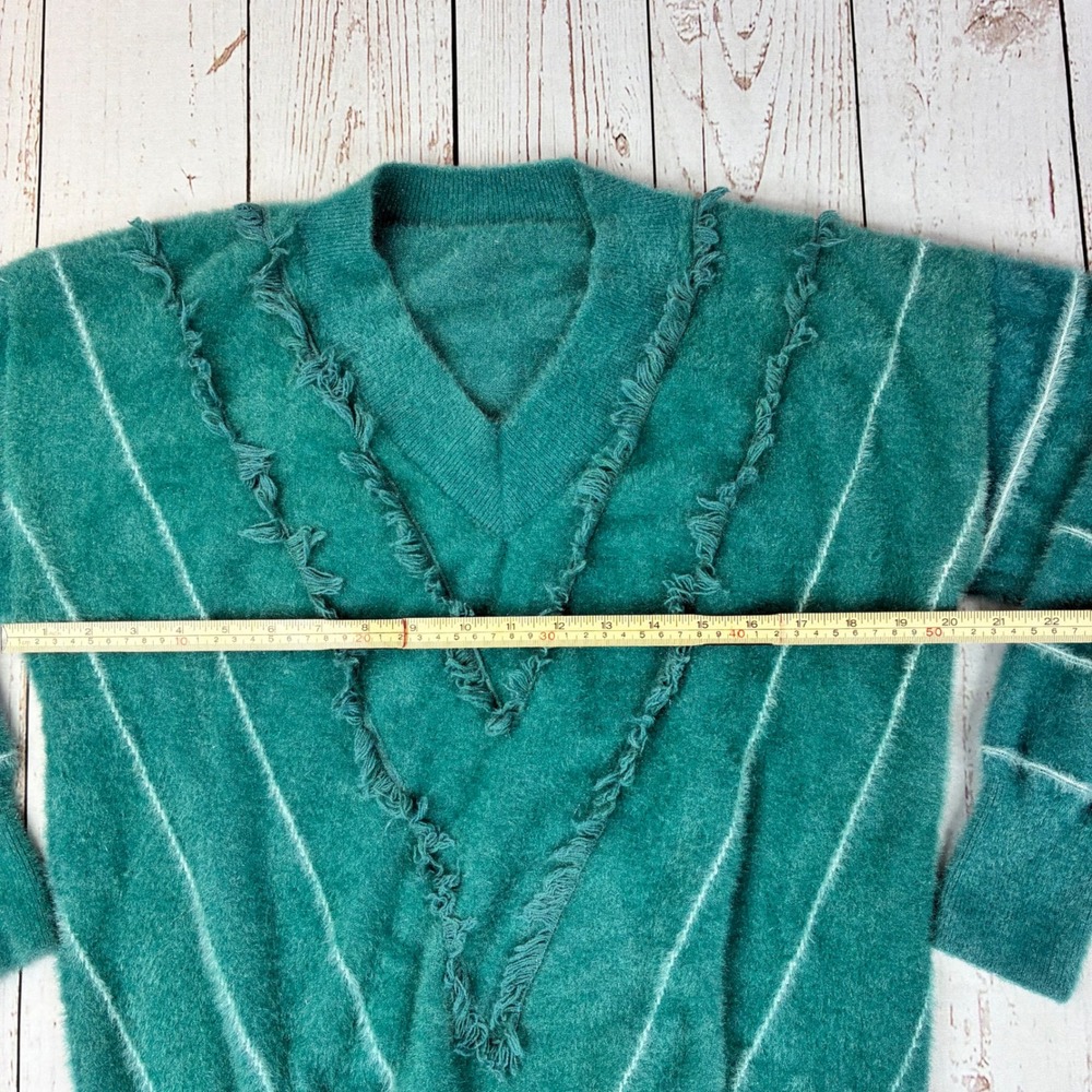 Vintage Teal Green Angora Fringe V-Neck Sweater Pinstripe Knit Pullover - Picture 6 of 6